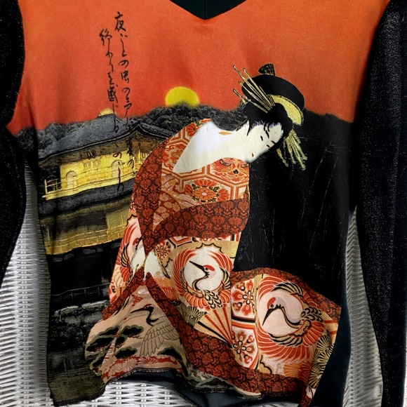 Scoop! Y2K Geisha Print Top Black Sheer Sleeve Orange Graphic Retro Novelty M - Picture 2 of 11